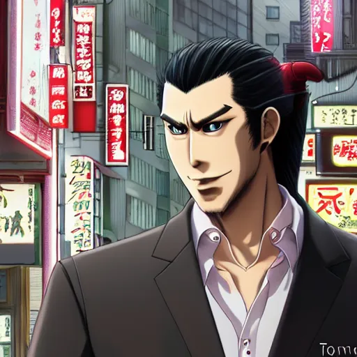 Image similar to portrait of kazuma kiryu standing in the street of kamurocho, anime fantasy illustration by tomoyuki yamasaki, kyoto studio, madhouse, ufotable, trending on artstation