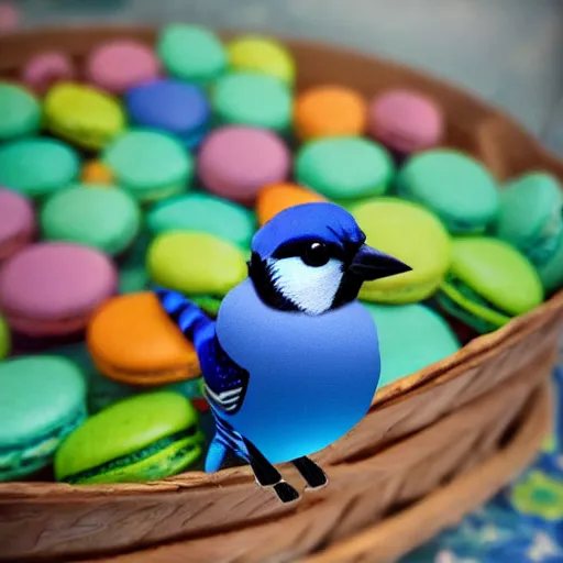 Image similar to A photograph of a (photorealistic blue jay) standing on a large basket of rainbow macarons.