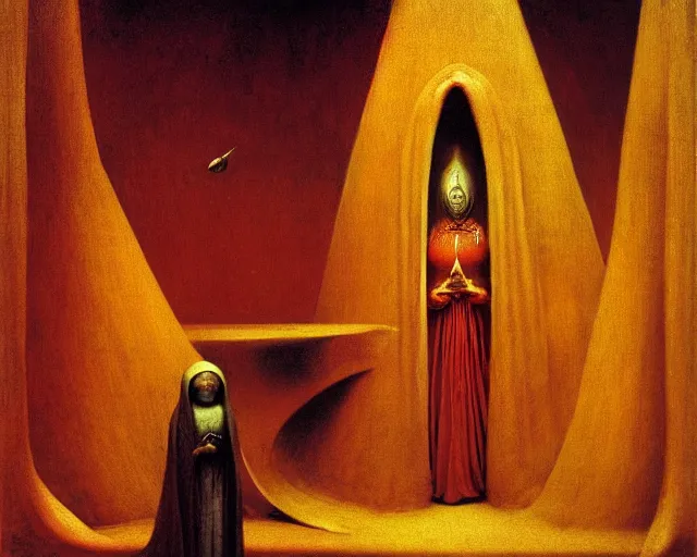 Image similar to devotion to the scarlet woman, priestess in a conical hat, coronation, ritual, sacrament, by francis bacon, beksinski, bosch, mystical redscale photography, opulence, luxury, maximalism.