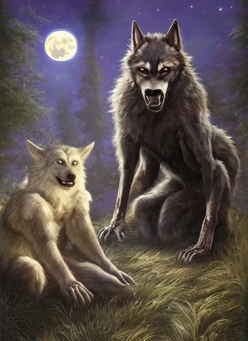 Prompt: a realistic painting of a werewolf at night sitting next to a child in front of full moon, fantasy art, matte painting, highly detailed