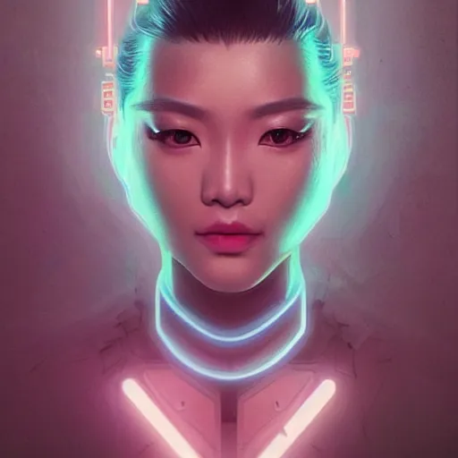 Image similar to portrait of asian female humanoid, intricate, elegant, cyber neon lights, highly detailed, digital illustration, trending in artstation, trending in pinterest, glamor pose, concept art, smooth, sharp focus, art by artgerm and greg rutkowski