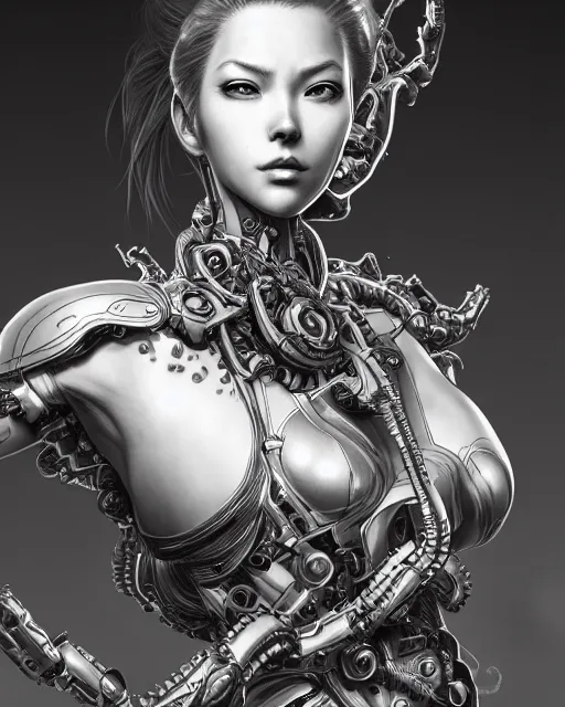 Image similar to portrait of stunning female biomechanical super soldier absurdly beautiful, gorgeous, elegant, an ultrafine hyperdetailed illustration by kim jung gi, irakli nadar, artgerm, intricate linework, octopath traveler, final fantasy, unreal engine 5 highly rendered, global illumination, radiant light