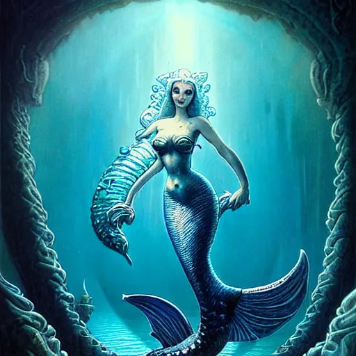 Image similar to character portrait of a graceful beautiful mermaid looking at the sunken city of Atlantis deep under water, stunning undersea intricate detailed grand architecture in the style of Joe Fenton, art style by Greg Rutkowski and Mohrbacher and Gerald Brom and H. R. Giger, deep underwater scene, dark and moody, rays of sunlight, faint volumetric god rays, grim crushing atmosphere, trending on artstation, masterpiece, claustrophobic, dizzy, sharp focus, 8k octane beautifully detailed render, post-processing, extremely hyperdetailed, intricate, epic composition, grim yet sparkling atmosphere, cinematic lighting + masterpiece, trending on artstation, very detailed, Art Nouveau