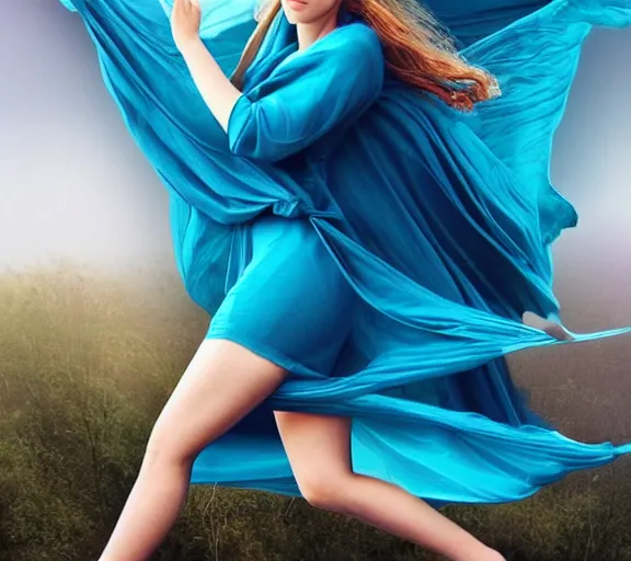 Image similar to beautiful astonishing scarlett johansson with beautiful body shape wearing a magic blue blanket and flying through the air, digital art