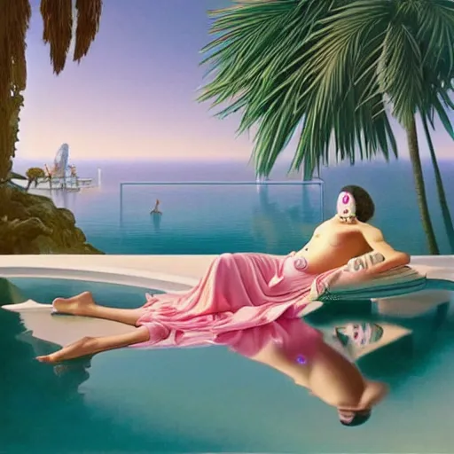 Image similar to masterpiece, hyperrealistic surrealism, award winning masterpiece with incredible details, epic stunning, infinity pool, a surreal vaporwave liminal space, highly detailed, trending on ArtStation, calming, meditative, pink arches, flowing silk sheets, palm trees, very vaporwave, very very surreal, sharp details, dreamscape, artgerm and greg rutkowski and alphonse mucha, daily deviation, IAMAG