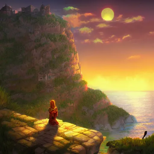 Prompt: a knight rests on a cliff above a cozy and cute seaside village at sunset, dramatic lighting, 1 6 bit cover art, trending on artstation