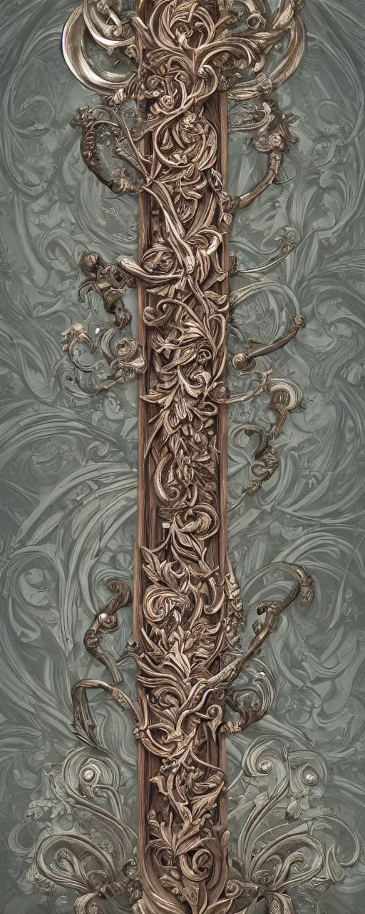 Image similar to beautiful fantasy giant sword carved with decorative ornament, acanthus scrolls, lilies, ivy, energy, geometry, bones, petals, stems, ceremonial clouds, dripping paint, fibonacci rhythm, artstation, artgerm, wlop, symmetric ornaments