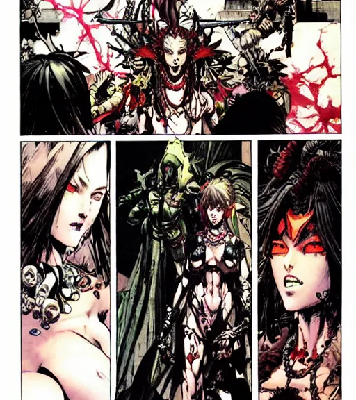 Prompt: a scene of a demon queen speaking to her cult - like legion of followers, comic book art, by yoji shinkawa and takehiko inoue and kim jung gi, masterpiece, perfect