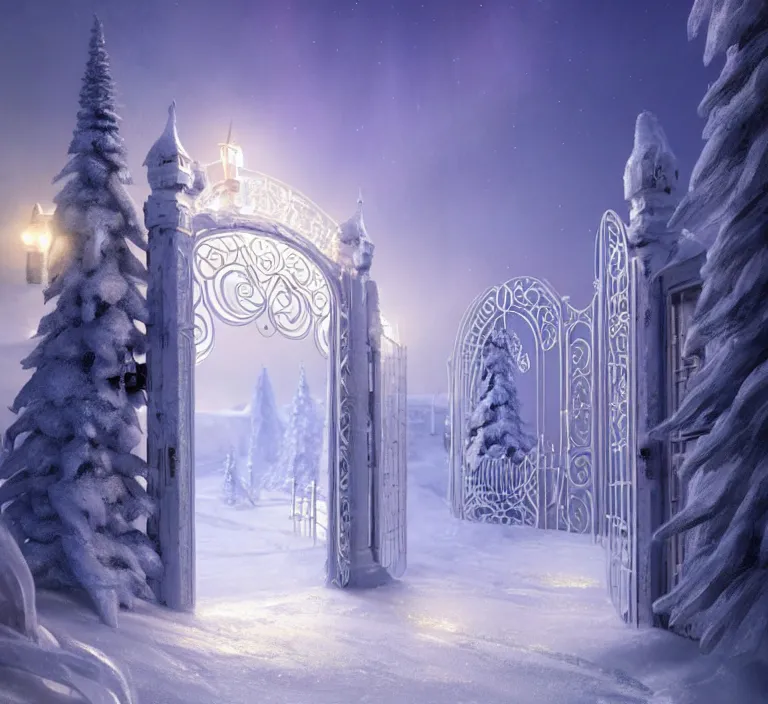 Image similar to a very detailed concept art of intricate and well designed white gates to santa's northpole, infused with aurora borealis by greg rutkowski, dynamic lighting, trending on artstation, path traced, highly detailed, high quality, digital painting,, digital art, 4 k, hyper realistic, octane render, sharp focus