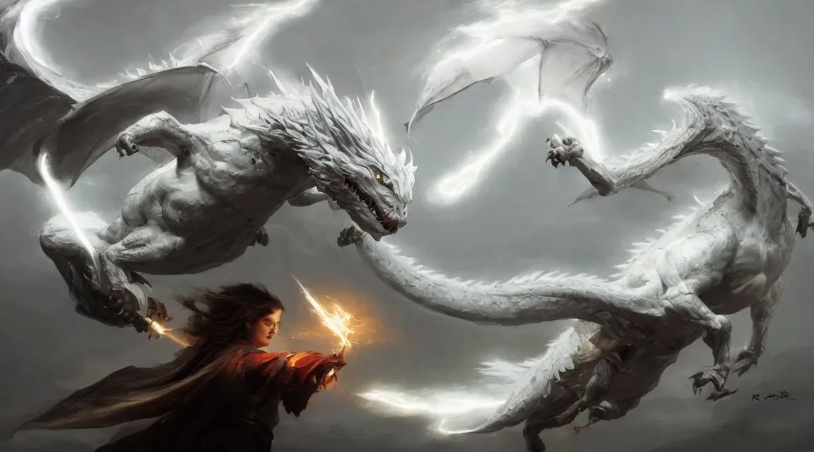 Prompt: a white dragon catching a lightning bolt in it's hand by ruan jia, trending on artstation