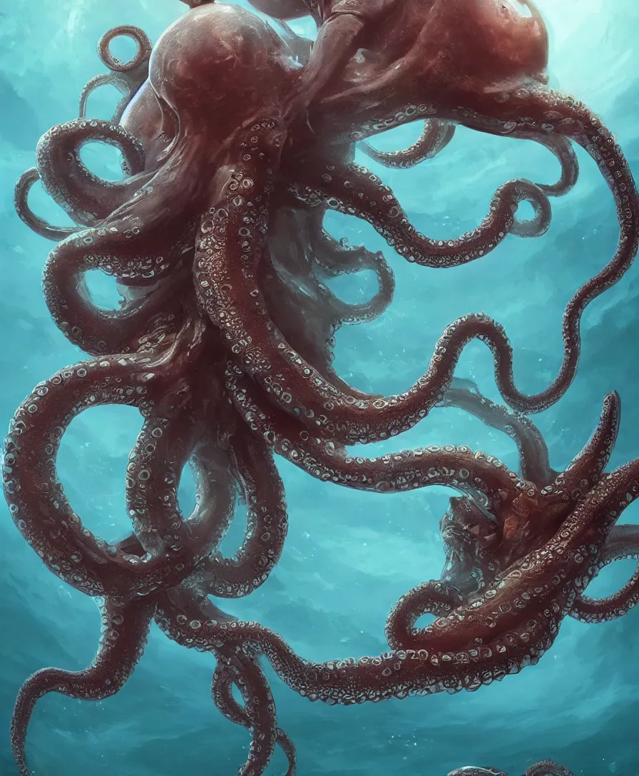 Prompt: hyper realistic giant octopus grabbing a small submarine underwater, illustrated by greg rutkowski, beautiful volumetric lighting, intricate, ultra detailed, photorealistic, trending on artstation, octane render, 8 k
