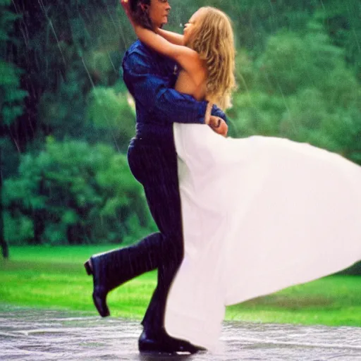 Image similar to portrait shot of young arnold schwarzenegger holding tight in love dancing in the rain with jennifer lawrence beautiful white wet dress, 5 0 mm kodak, beautiful light, best lense, 9 0 s romantic movie, 4 k