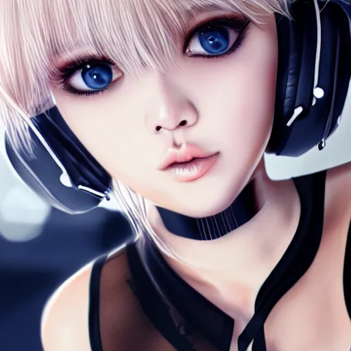 Image similar to realistic teasing detailed semirealism beautiful gorgeous cute Blackpink Lalisa Manoban white hair white cat ears blue eyes, wearing black camisole outfit, headphones, black leather choker full HD 4K high resolution quality WLOP, Aztodio, Taejune Kim, Guweiz, Pixiv, Instagram, Artstation