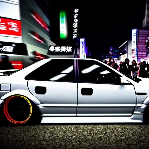 Image similar to a car JZX90 twin turbo drift at illegal car meet, Shibuya prefecture, city midnight mist lights, cinematic lighting, photorealistic, highly detailed wheels, high detail