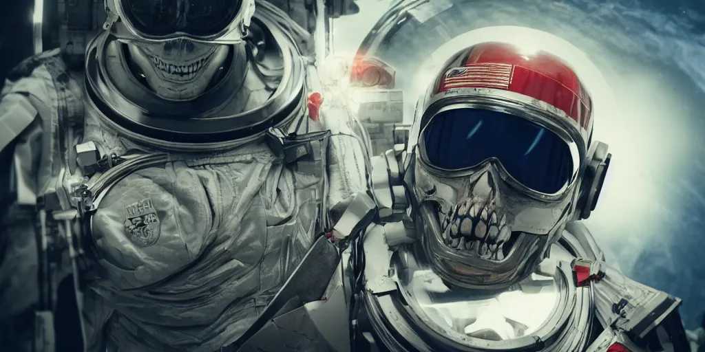 Image similar to ornate red skull in astronaut suit, gold linens, cinematic lighting, dramatic, octane render, long lens, shallow depth of field, bokeh, anamorphic lens flare, 8k, hyper detailed