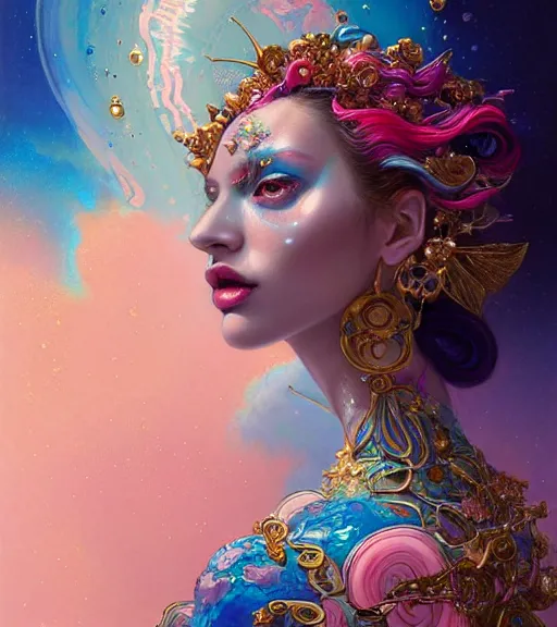 Prompt: porttait of a beautiful celestial Italian Mexican pearlescent rgb Goddess wearing a futuristic lush Japanese slim dress exposed in cryo chambers by James Jean, royal blue and pink and gold theme, intricate, elegant, highly detailed, centered, digital painting, artstation, concept art, smooth, sharp focus, illustration, by Peter Mohrbacher, WLOP