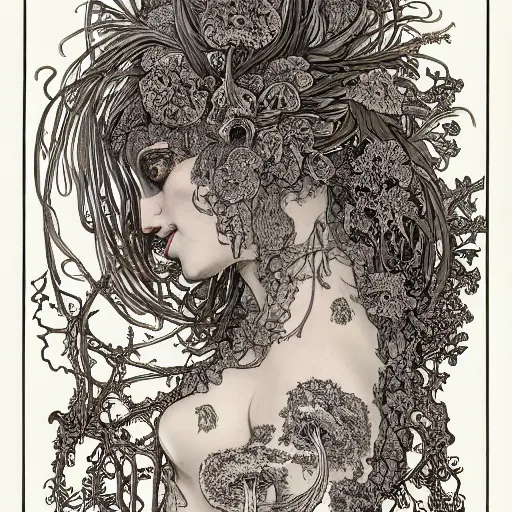 Image similar to a beautiful detailed front view portrait of a rotten woman corpse with fractal plants and fractal flowers and mushrooms growing around, symmetrical, ornate, ornamentation, illustration, in the style of art nouveau, mucha