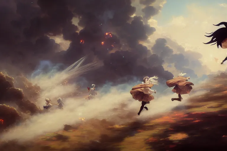 Image similar to baroque oil painting of anime key visual concept art of anime maids running away from the hindenburg disaster, smoke debris, grimdark steampunk fantasy, pleasant battlefield, trending on artstation, brush strokes, oil on canvas, style of makoto shinkai and greg rutkowski and studio ghibli