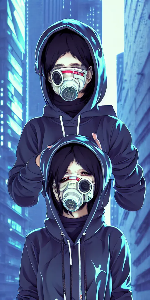 Image similar to cyberpunk anime girl in hoodie, cyberpunk gas mask, 3 / 4 shot, street night, grafity, beautiful face, grafity, arcane, action, tokyo street, detail, good face, pose model, concept art, in style of yoji shinkawa, pan ren wei, col price, atey ghailan, by greg rutkowski, aesthetic