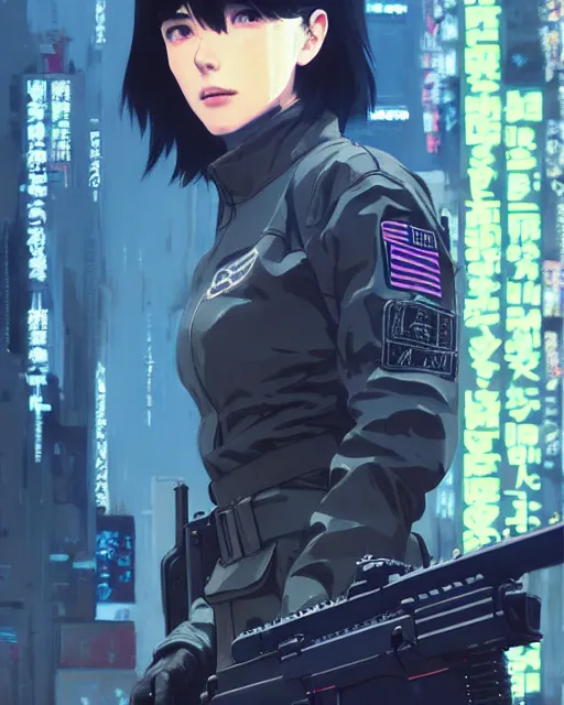 Image similar to girl wearing in tactical gear | | audrey plaza, fine detail!! anime!! realistic shaded lighting!! dramatic!! poster by ilya kuvshinov katsuhiro otomo ghost - in - the - shell, magali villeneuve, artgerm, jeremy lipkin and michael garmash and rob rey