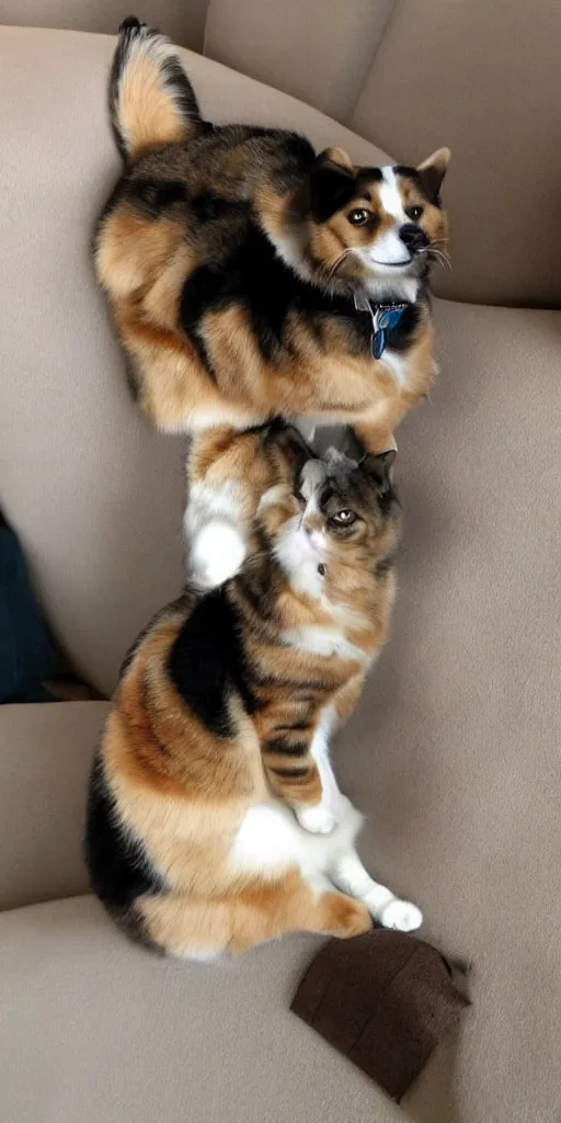 Prompt: corgi weaing saddle, cat at the top, realistic photo