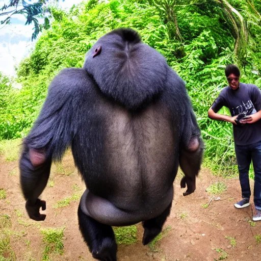 Prompt: pov of a silverback gorilla who needs to teach his confused son about the jungle