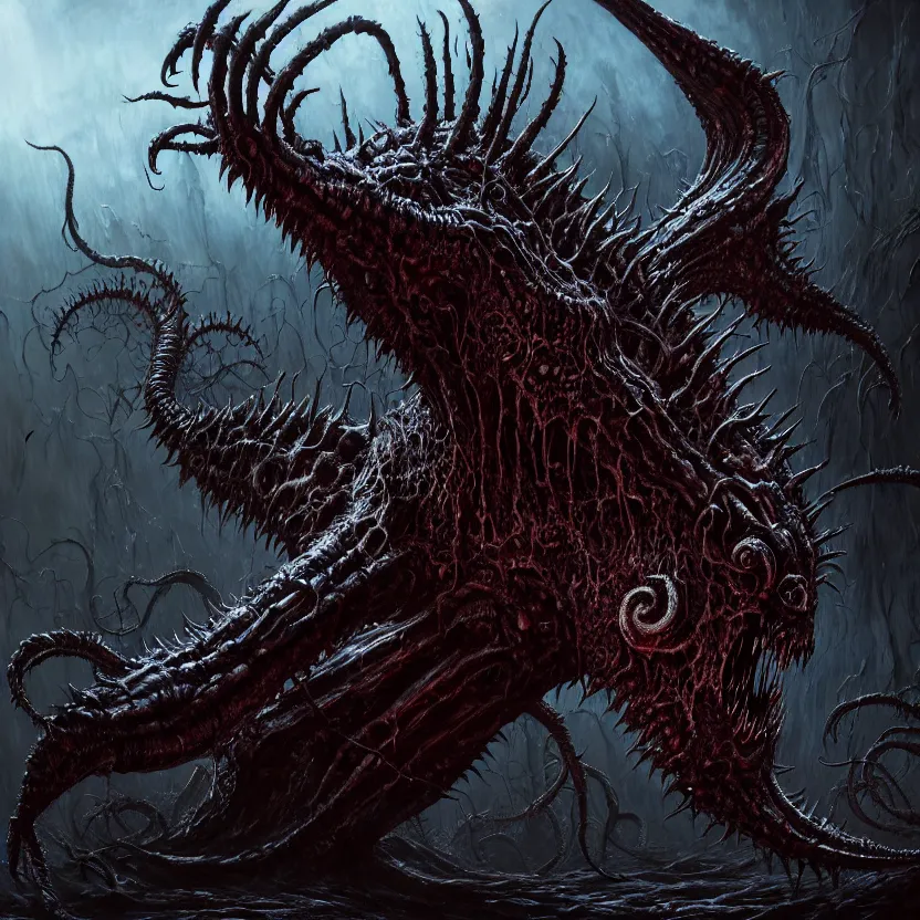 Prompt: art screaming nightmare creature with long sharp teeth and compound eyes, horror game graphics, horror monster design concept art, intricate matte painting background, elegant horror artwork, many colors in eldritch nightmare, luxurious, ominous, 4k, cinematic, by Yoshitaka Amano, horizontally symmetrical, by Wayne Barlowe, trending on Artstation