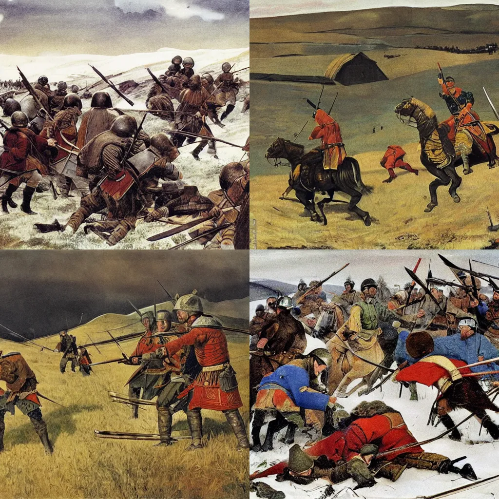 Prompt: battle of kulikovo between russians and mongols, in the style of andrew wyeth