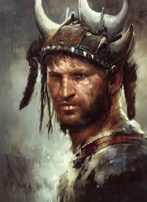 Prompt: portrait painting of viking berserker with a dinosaur headdress, by jeremy mann, only one head single portrait