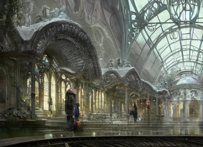 Image similar to A train subway inside a beautiful elven city made of white marble, anime, lush trees, fountain, statue, big clock, information desk, trains, train tracks, a fantasy digital painting by Greg Rutkowski and James Gurney, trending on Artstation, highly detailed