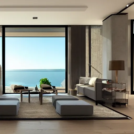 Prompt: modern interior home design, living room with window facing the sea and sun, photorealistic, ultra-detailed, HDR, high resolution