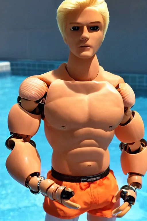 Image similar to a handsome bodybuilder with blonde hair who is also a male android robot, ken doll, muscular, wearing a cut-off white crop top and short light orange shorts stands by a swimming pool, shiny skin, robotic