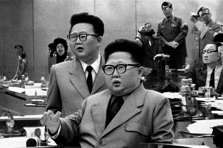 Image similar to a filmstill of Kim Jong-il looking at Pulgasari the starfish Kaiju monster destroying Pyongyang, in Dr Strangelove by Stanley Kubrick (1964), traditional Korean city, palace, epic ultrawide shot, cinemascope