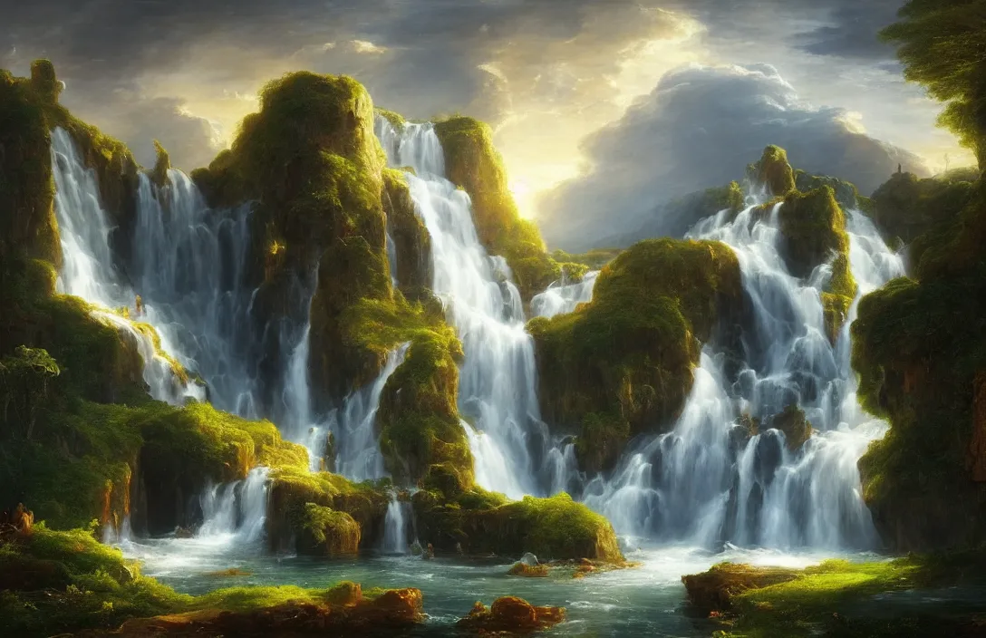 Image similar to a huge arc far away in a thomas cole inspired landscape, detailed dreamscape, hyperreal phantastic landscape, intricate details in environment, golden ratio, high aestehtic, waterfall cascades, cinematic light dramatic light, lightrays, trending on artstation