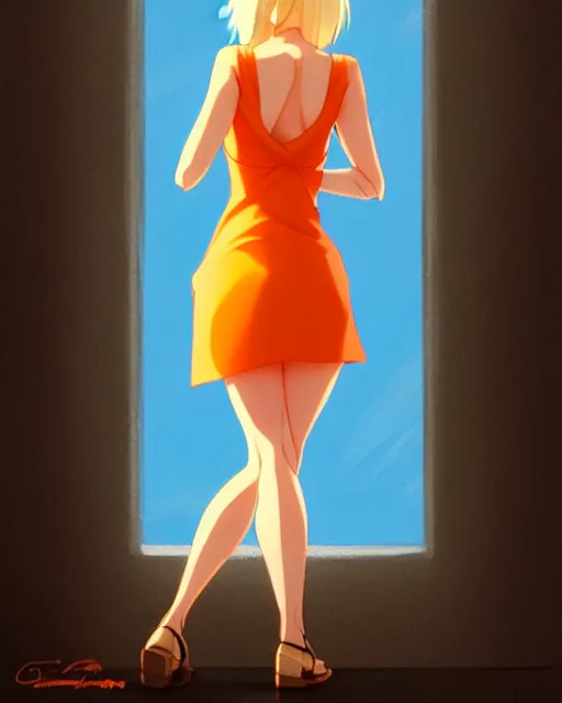 Image similar to blond woman in an orange ripped mini dress, by artgerm, by studio muti, greg rutkowski makoto shinkai takashi takeuchi studio ghibli