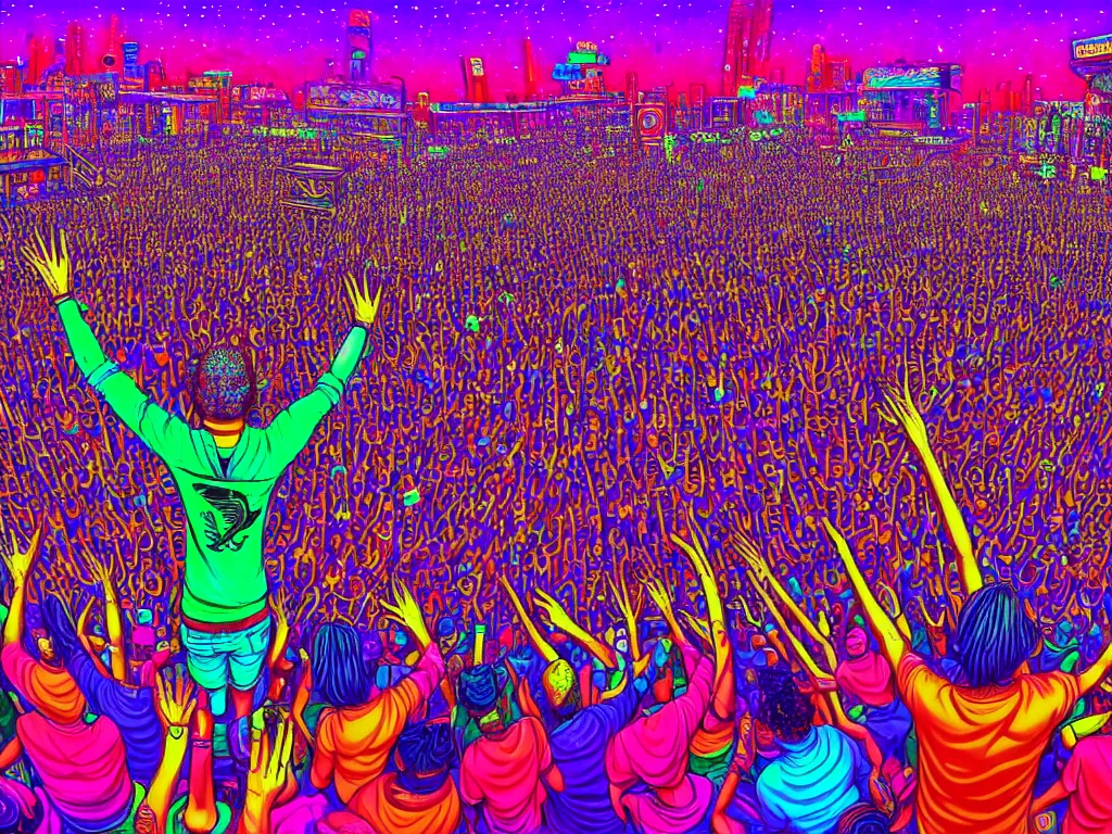 Image similar to rapping on stage at festival, holding microphone, giant crowd, epic angle, happy, psychedelic, hip hop, surreal, neon, vaporwave, detailed, illustrated by Alex Grey, 4k