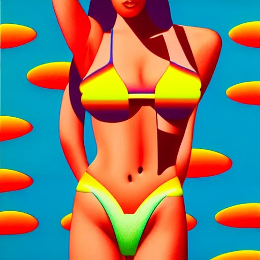 Image similar to bikini model by shusei nagaoka, kaws, david rudnick, airbrush on canvas, pastell colours, cell shaded, 8 k