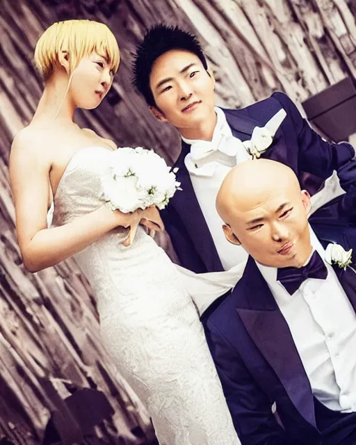 Image similar to saitama one punch man instagram couple's wedding photo shoot, closeup photo