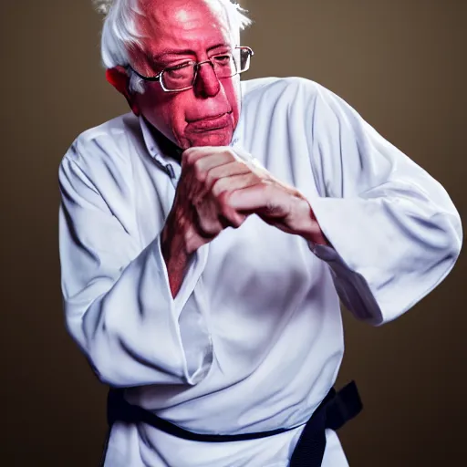 Image similar to Bernie Sanders doing Karate in his whitey tighties, vogue, perfect face, intricate, Sony a7R IV, symmetric balance, polarizing filter, Photolab, Lightroom, 4K, Dolby Vision, Photography Award