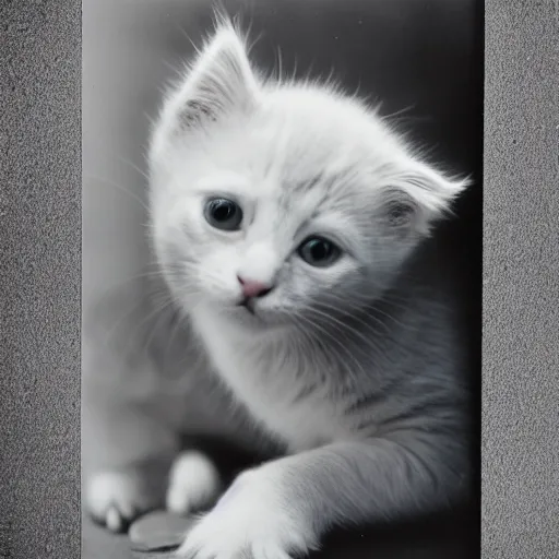 Image similar to a portrait photo of a cute solid gray solid white kitten wearing a tuxedo by edward weston, auto graflex, 2 1 0 mm ƒ / 6 4 zeiss tessar, agfa isopan iso 2 5, pepper no. 3 5, 1 9 3 0, high quality photo, highly detailed, studio lighting, fine - art photography, tack sharp