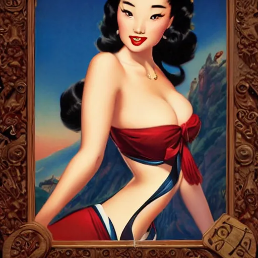 Image similar to pin - up portrait of a beautiful young curvaceous mulan, pretty long hair, symmetrical face, digital art, smooth, extremely detailed,, by wu bayard, by gil elvgren, by ralph horsley, by hanks steve