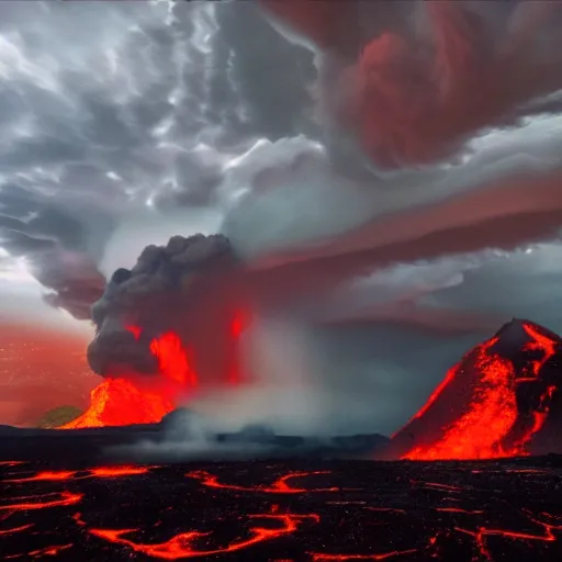 Prompt: volcanic storm clouds raining bright lava from the sky, 8k photorealistic, dramatic lighting, chiaroscuro