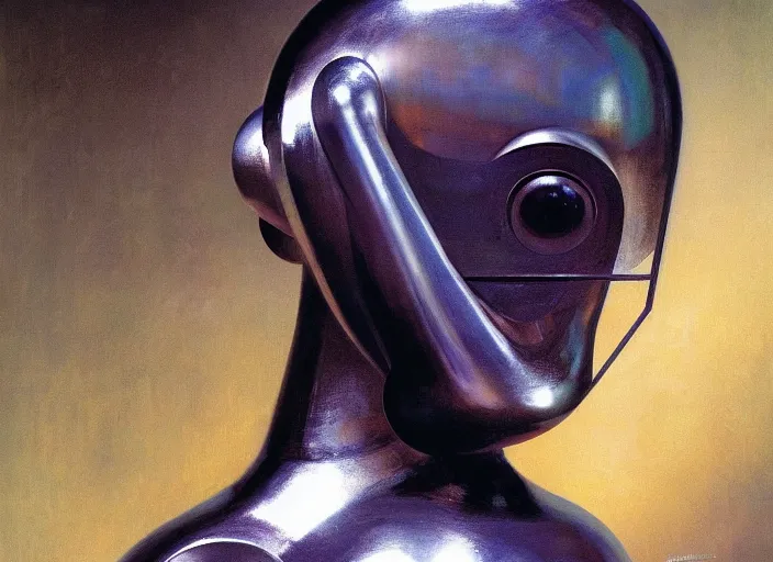 Image similar to a portrait headshot of sci fi metallic human, bright eyes, melancholic complex geometric figure liminal machinery by oskar schlemmer, moebius, john berkey, oil on canvas, portrait facial head, featured on artstation, hd wallpaper