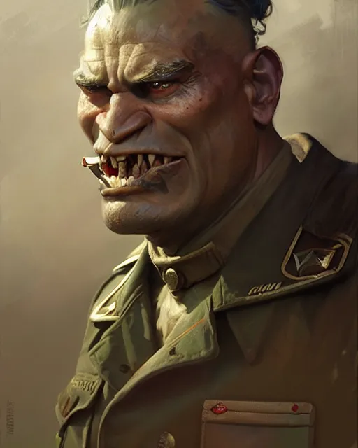 Image similar to orc ww 2 general | | realistic shaded, fine details, realistic shaded lighting painting by greg rutkowski, diego gisbert llorens, magali villeneuve, artgerm, jeremy lipkin, michael garmash, rob rey