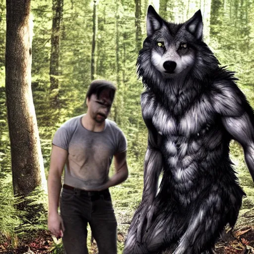 Prompt: werecreature consisting of a wolf and a human, photograph captured in a forest