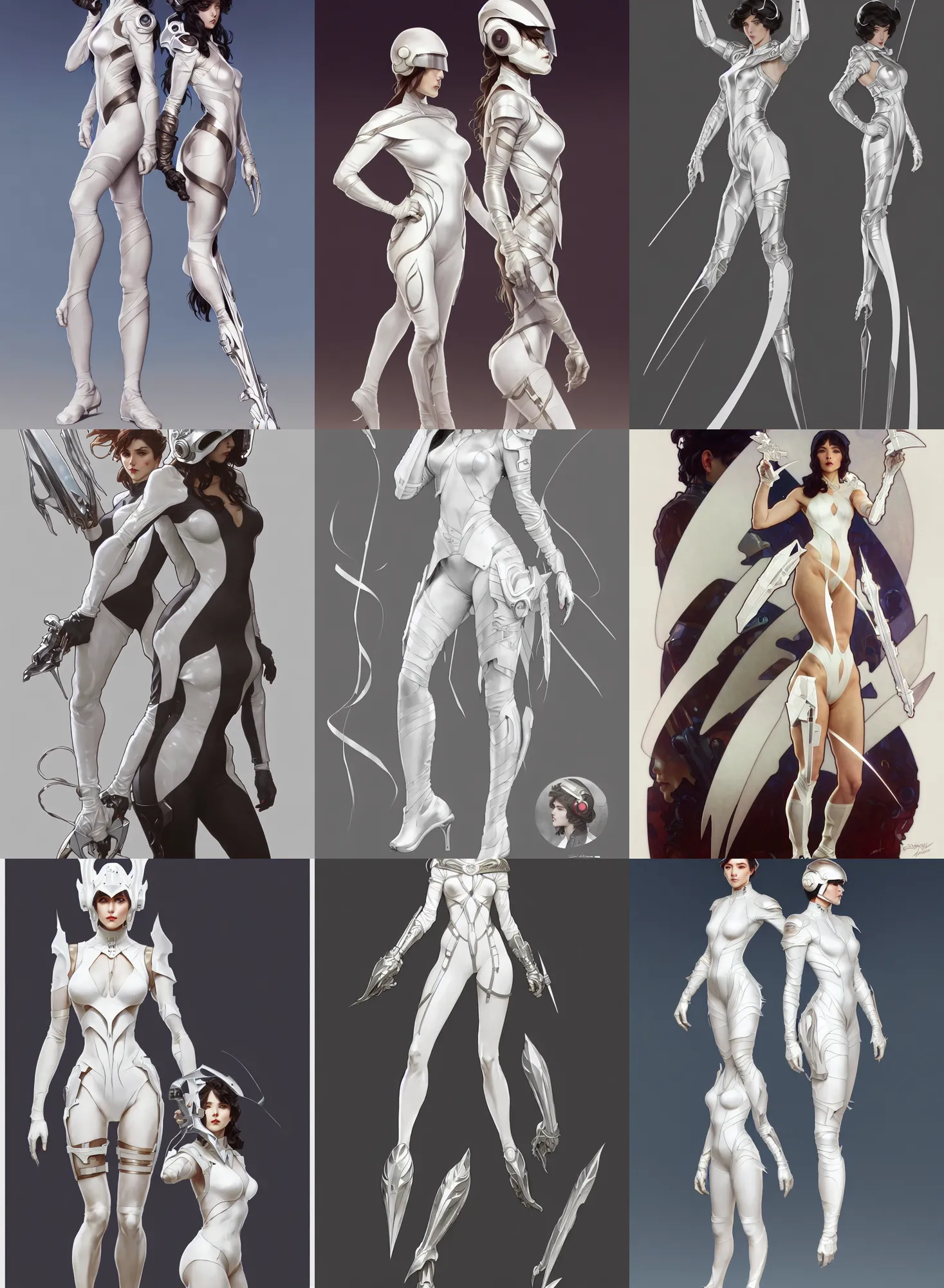 Prompt: a full body character design by artgerm, cushart krenz, greg rutkowski and alphonse mucha. sci - fi dagger. white tape project show attctive showgirl!! full body with helmet!! sharp edge. ultra clear detailed. contour light effect!! 8 k. stage light. ultra detailed, elegant, intricate, octane render.