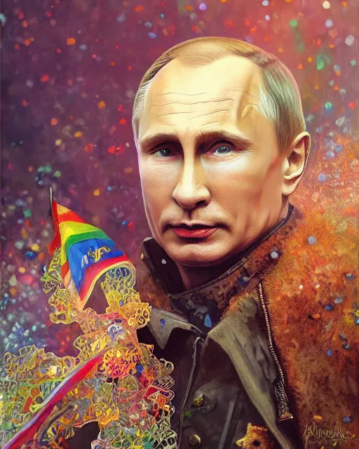 Image similar to a highly detailed portrait of Vladimir Putin holding gay pride flag, intricate, digital painting, old english, raining, sepia, particles floating, whimsical background by marc simonetti, art by artgerm and greg rutkowski and alphonse mucha