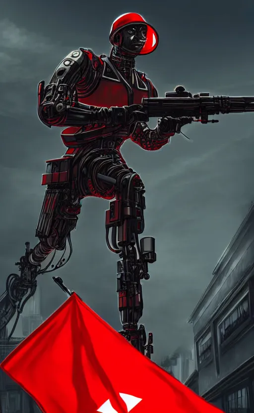 Prompt: Futuristic cybernetic Soviet soldier cyborg with red flag in background, overdetailed digital art, hd, 4k