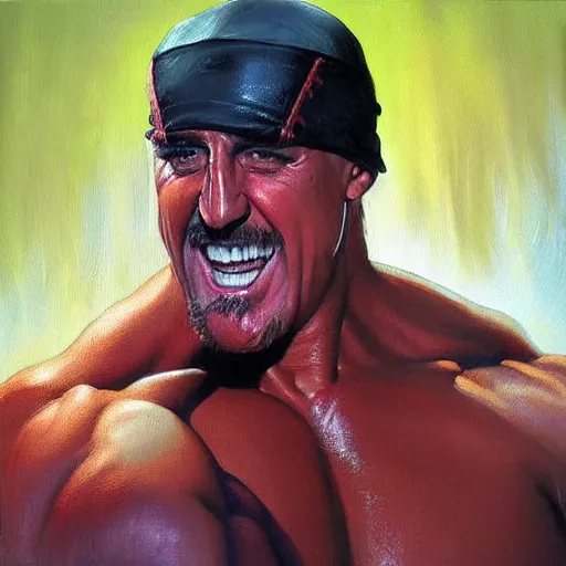 Prompt: wrestler hulk hogan, photorealistic, ring of fire, painted by phil hale