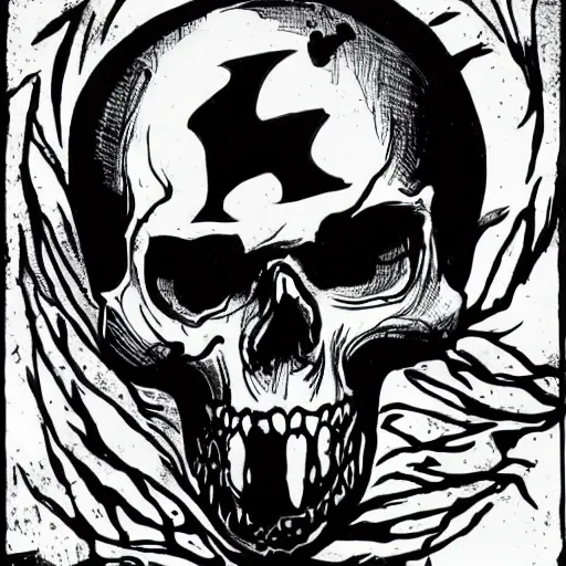 Image similar to A laughing skull. Center, Close Up Shot, Dark Fantasy, Film Noir, Black and White. High Contrast, Mike Mignola, D&D, OSR